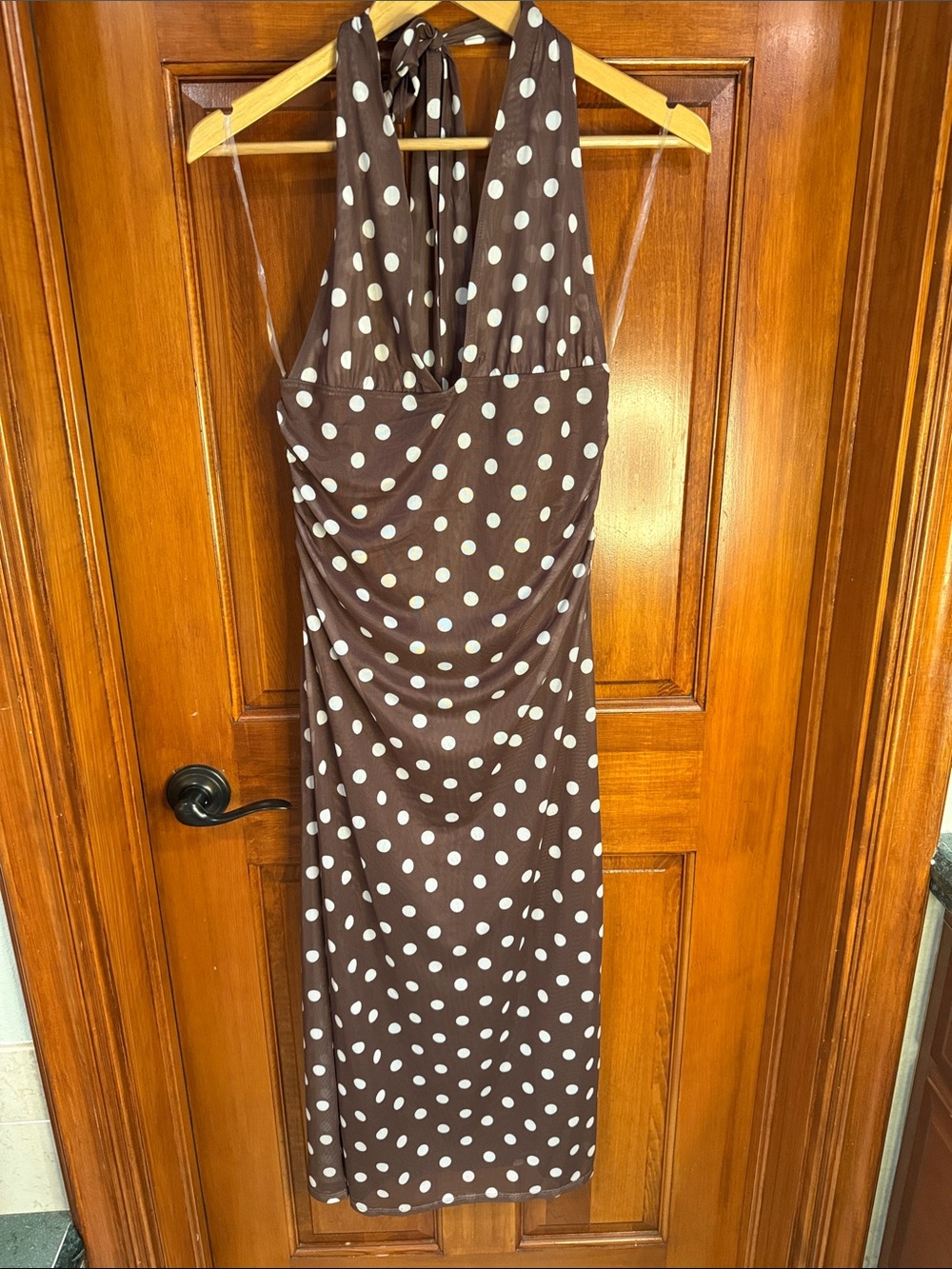 Caroline Constas Brown and White Polka Dot Halter Midi Dress